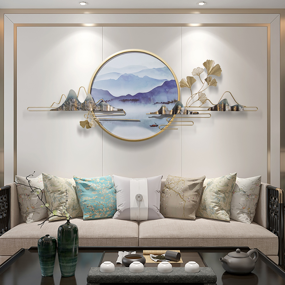 Modern Ginkgo Leaves Metal Wall Decor Gold & Blue with Landscape Patterns Living Room