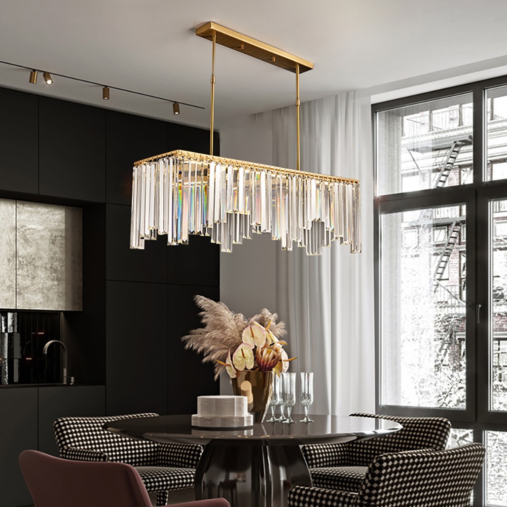 Modern Tiered K9 Crystal Kitchen Island Light With Brass Hanging Rod in US