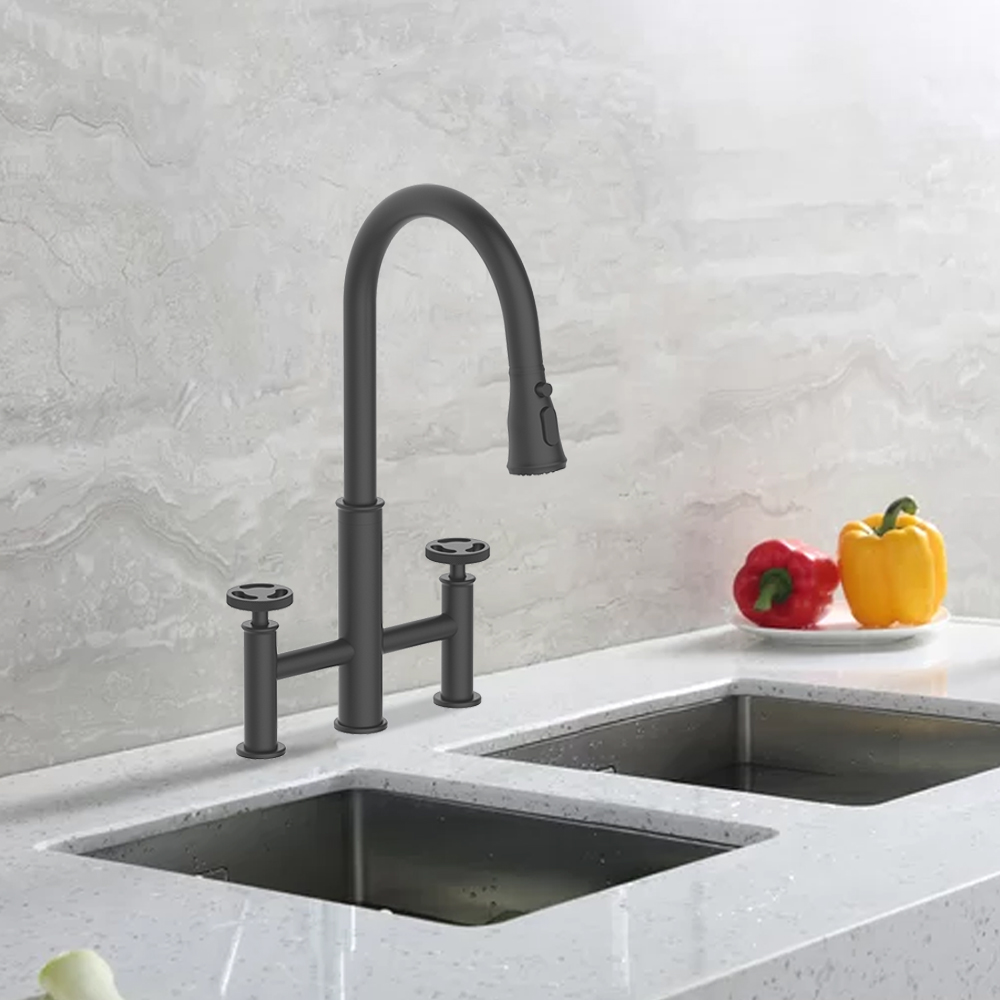 Ruth High Arc Widespread Kitchen Sink Faucet Solid Brass in Black in US