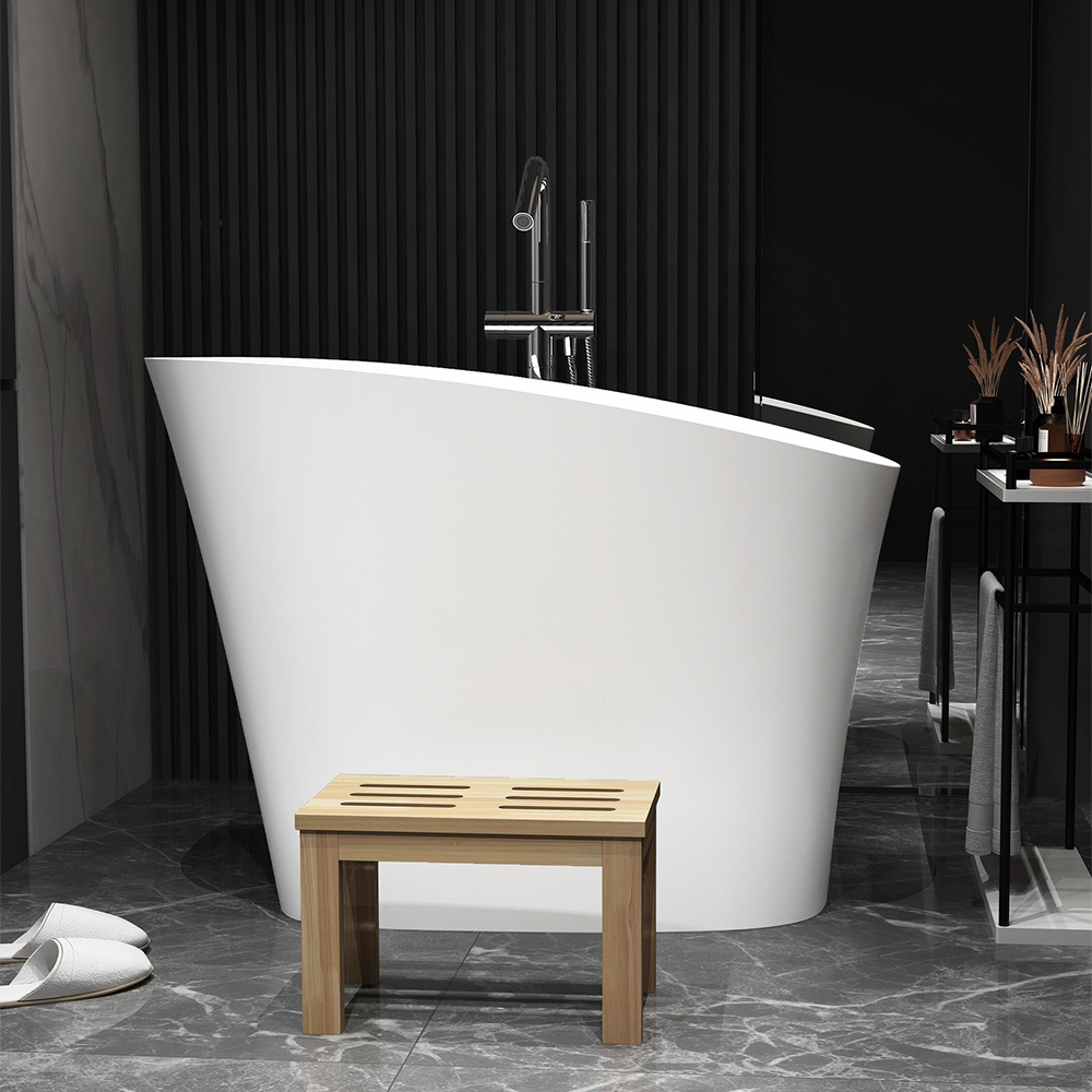 47" Japanese Irregular Freestanding Bathtub Stone Resin Oblique Deep Matte White Soaking Tub – with Built-in Seat and Bonus Wooden Side Stool