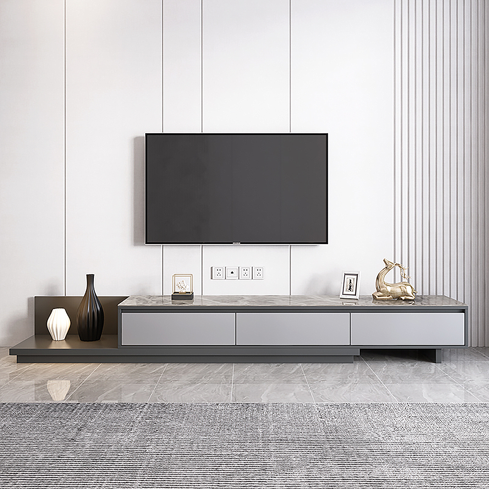 Fero Modern Black Extendable Stone & Wood TV Stand with 3 Drawers Up to 120"