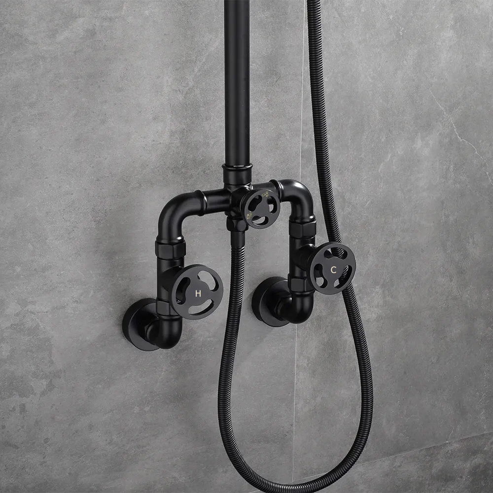 Industrial Style Wall-Mounted Shower System 2-function in Black