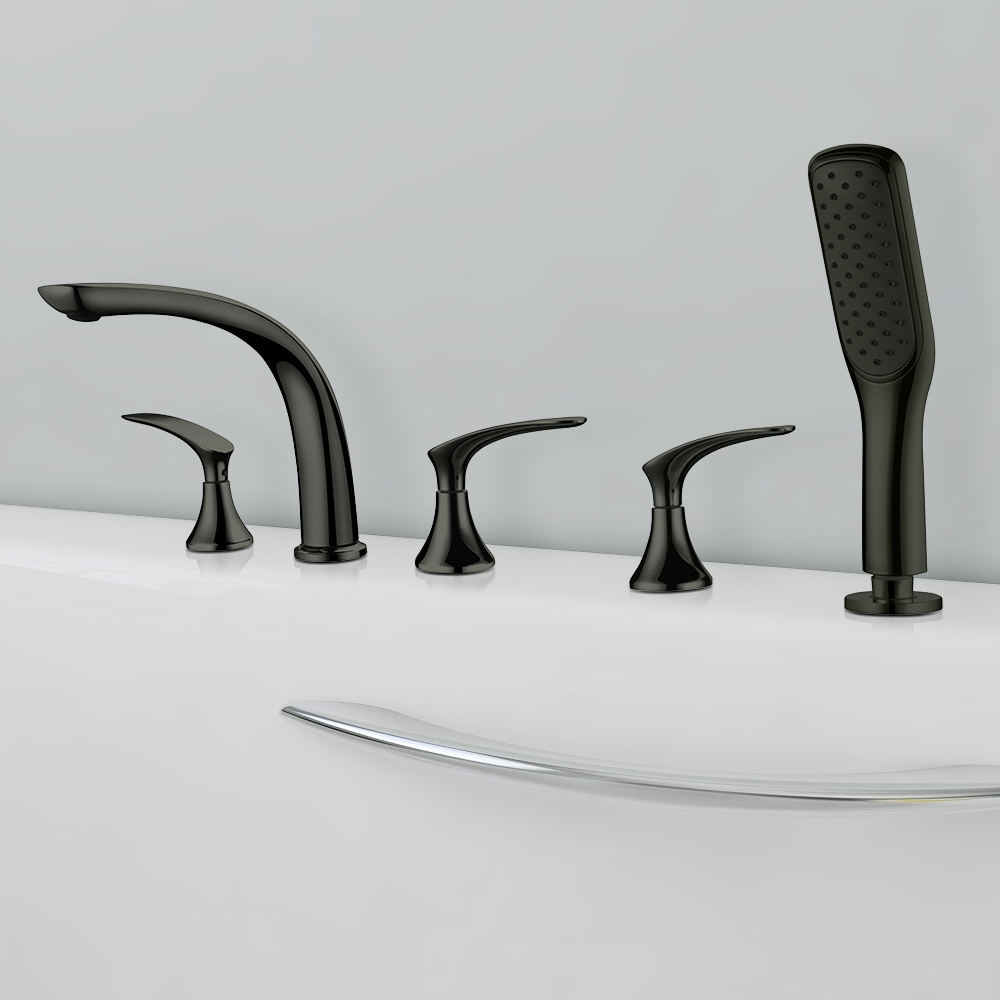 Deck Mounted Roman Bathtub Faucet With Handshower Solid Brass Black in US