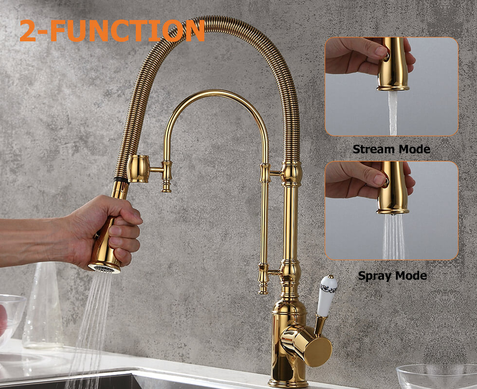 Robinet de Cuisine Rétractable High Arc Or en Laiton Massif
