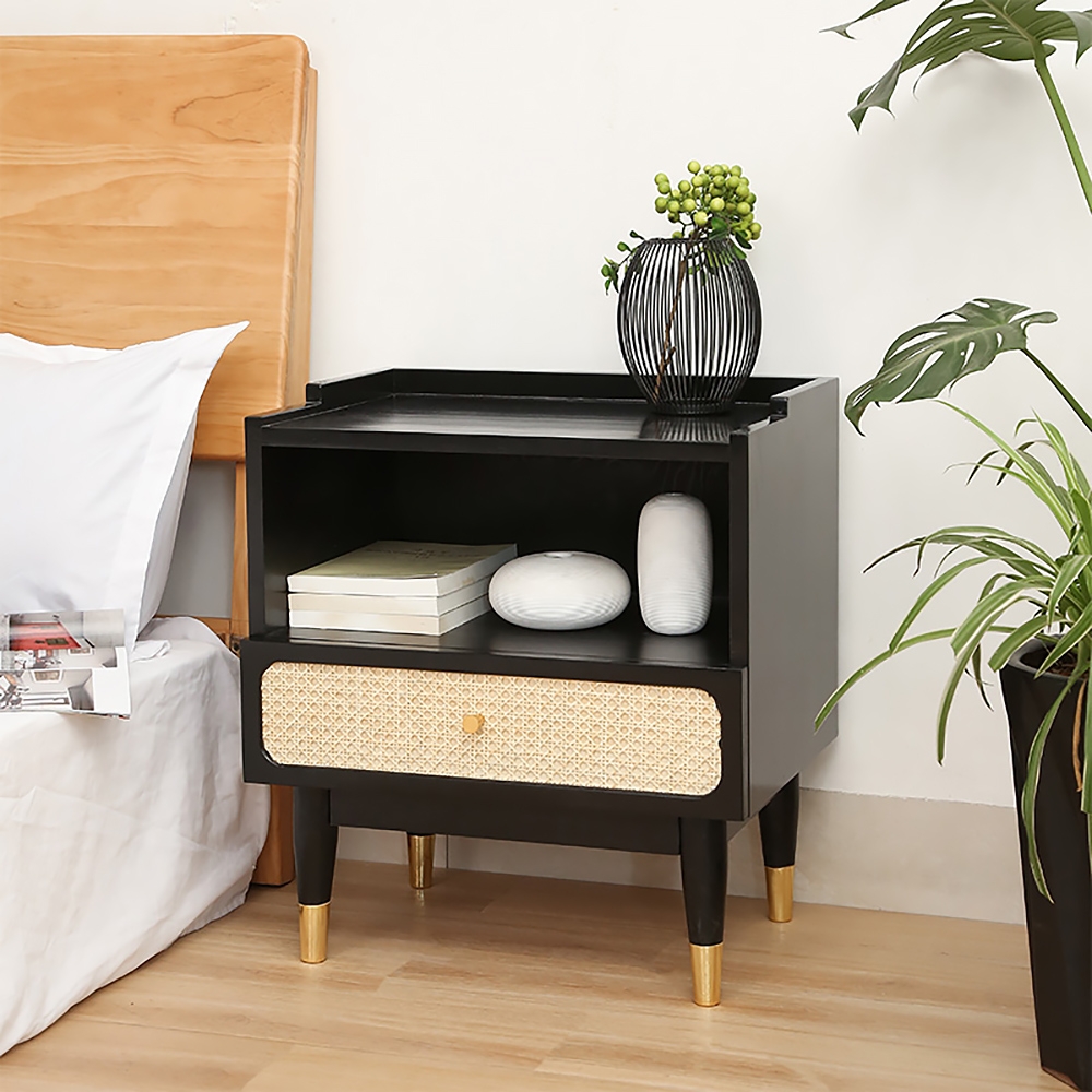 Black Solid Wood Rattan Nightstand with Drawer Open Storage Nordic
