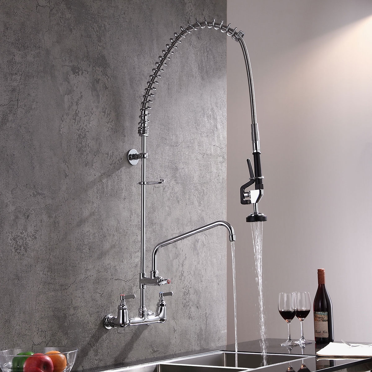 High-arc Pull Down Wall Mounted Kitchen Sink Faucet in Polished Chrome Solid Brass in US