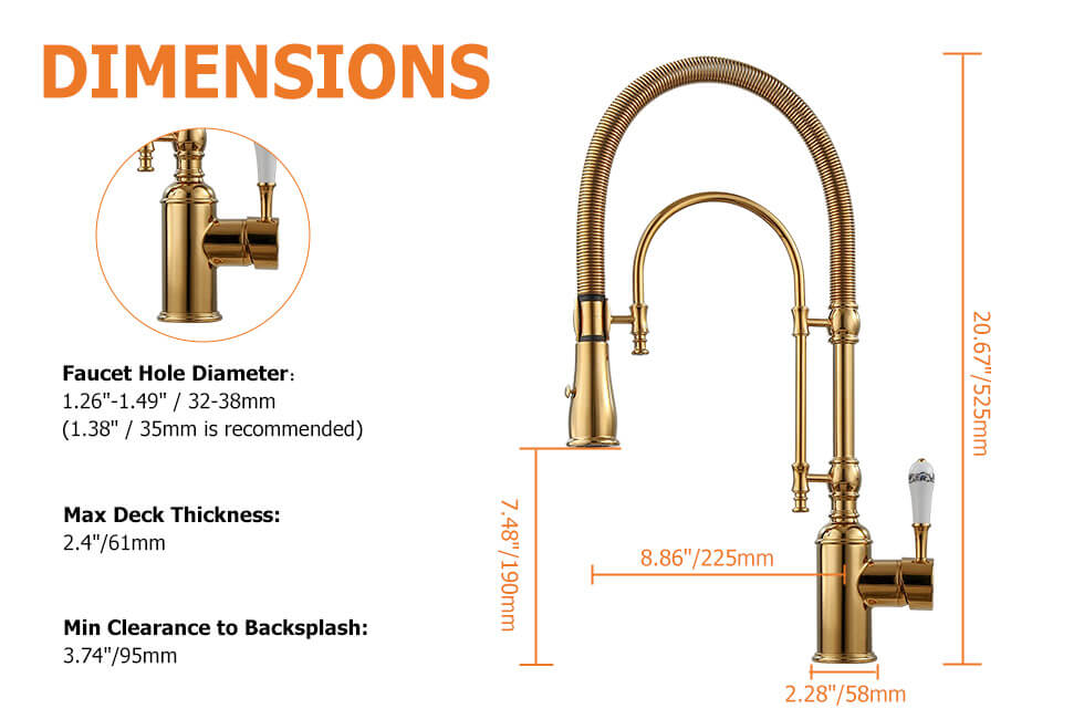 Robinet de Cuisine Rétractable High Arc Or en Laiton Massif