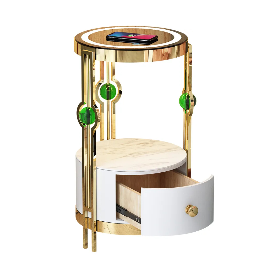 Modern Gold & White Nightstand with LED Light Bedside Table with Wireless Charging & USB Port