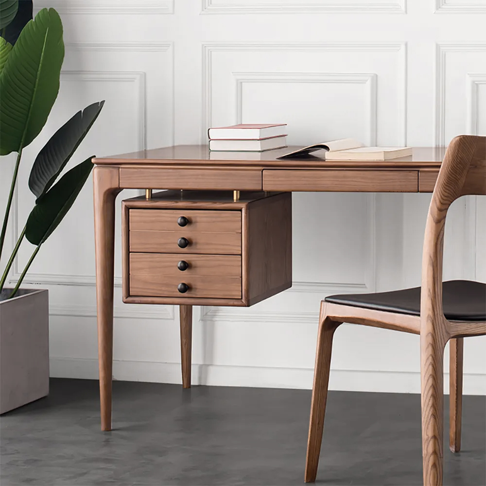 Mid-century Style Walnut Ash Wood Writing Desk Home Office Desk with 3 Drawers Office Furniture (55.1")