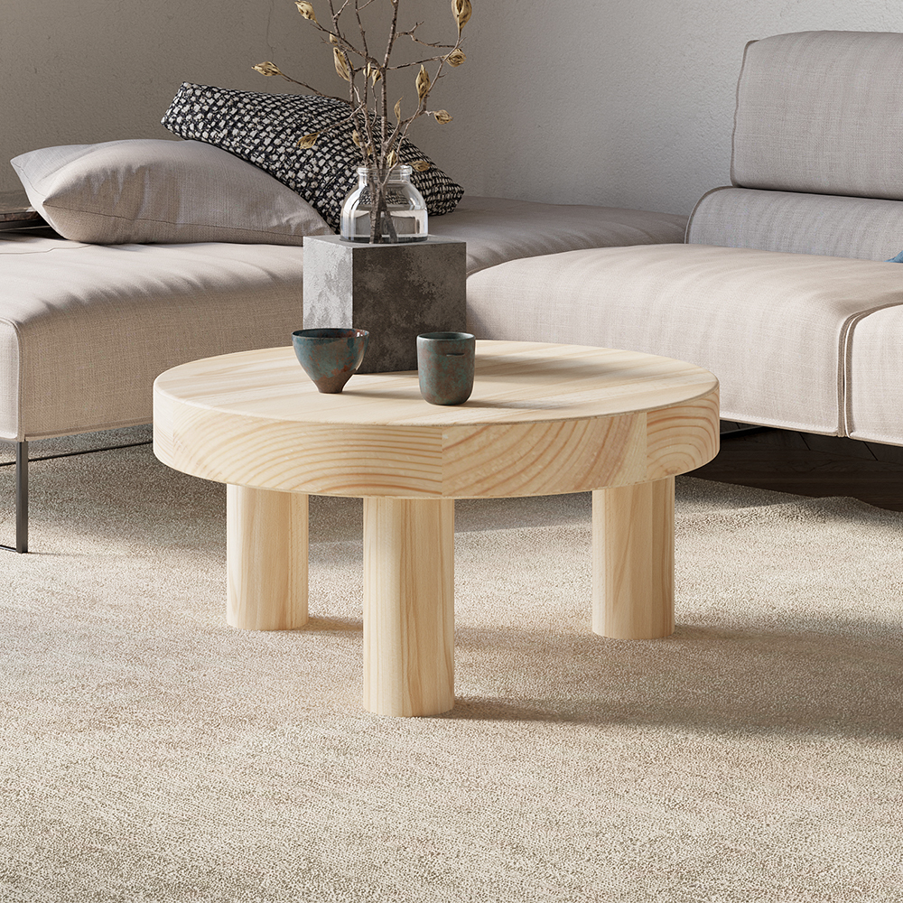 Threeens 23.6" Round Natural Pine Wood Coffee Table Center Table for Living Room in US