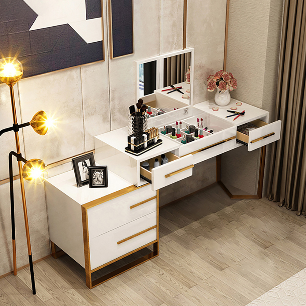 White Makeup Vanity with Storage & Flip Top Mirror 4 Drawers & Golden Base