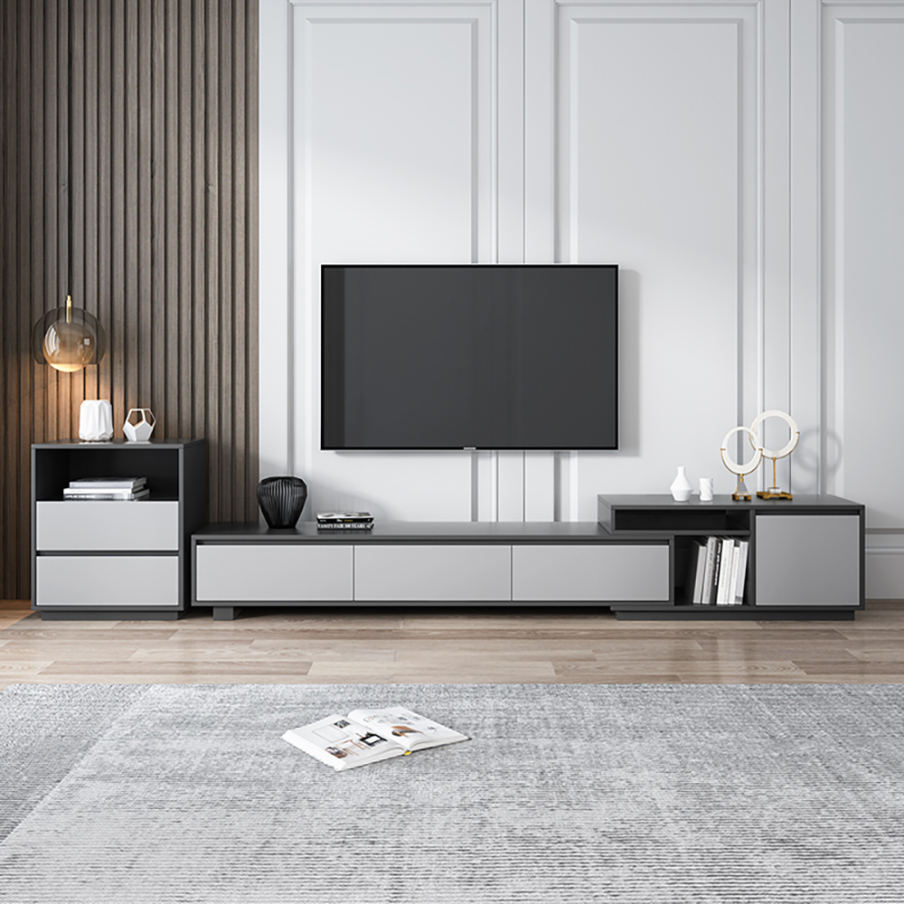 Modern Black Wood Retracted & Extendable TV Stand with 3-Drawer  Up to 120"