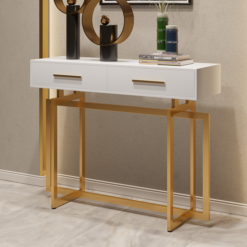 40" Narrow Console Table with Storage Drawers White Entryway Table with Metal Legs