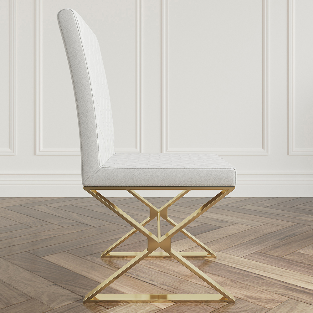 Set of 2 Modern Dining Chairs PU Leather Upholstered White Dining Room Chair with Gold Legs
