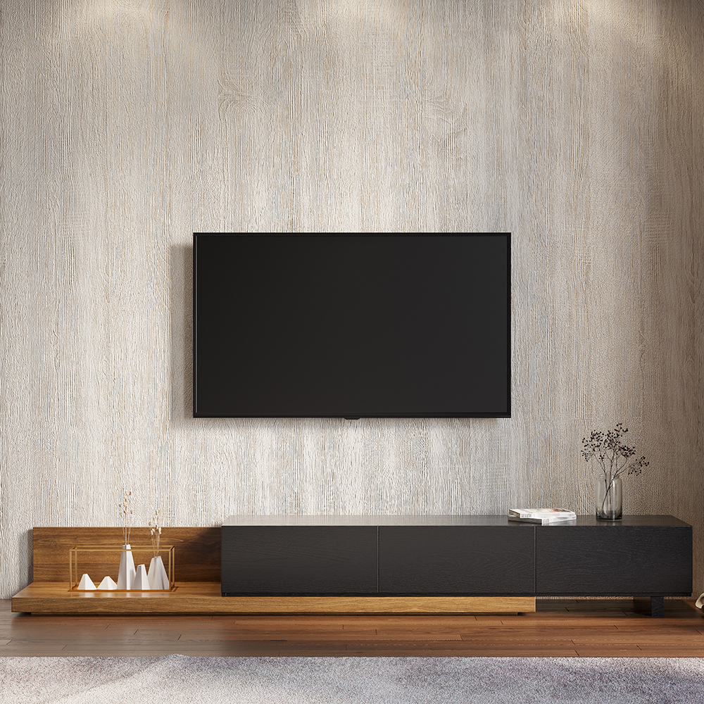Rectangle Wood Extendable TV Stand Black and Walnut Floor Media Console with 3 Drawers