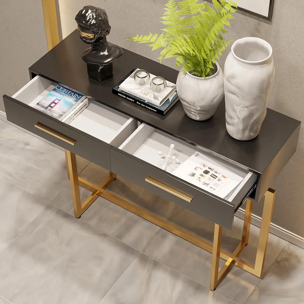 40" Modern Narrow Black Console Table with Storage Drawers and Metal Legs in Gold