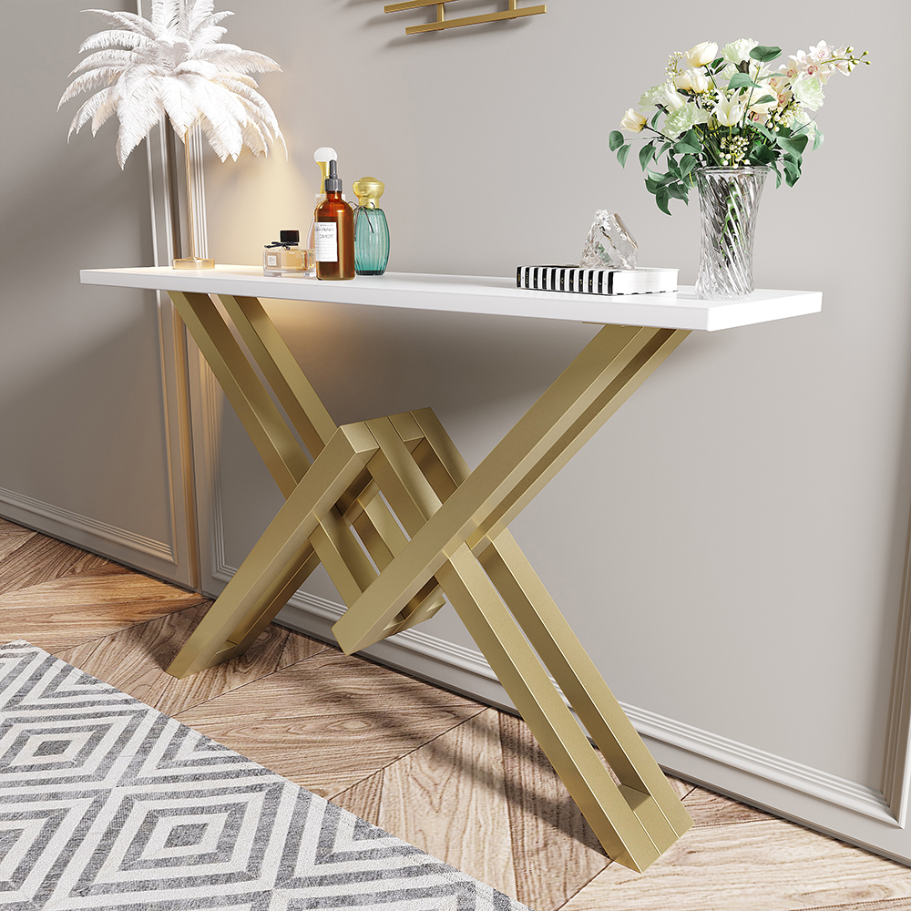47.2" Narrow Rectangle White Console Table with Wooden Top and Gold Metal Base