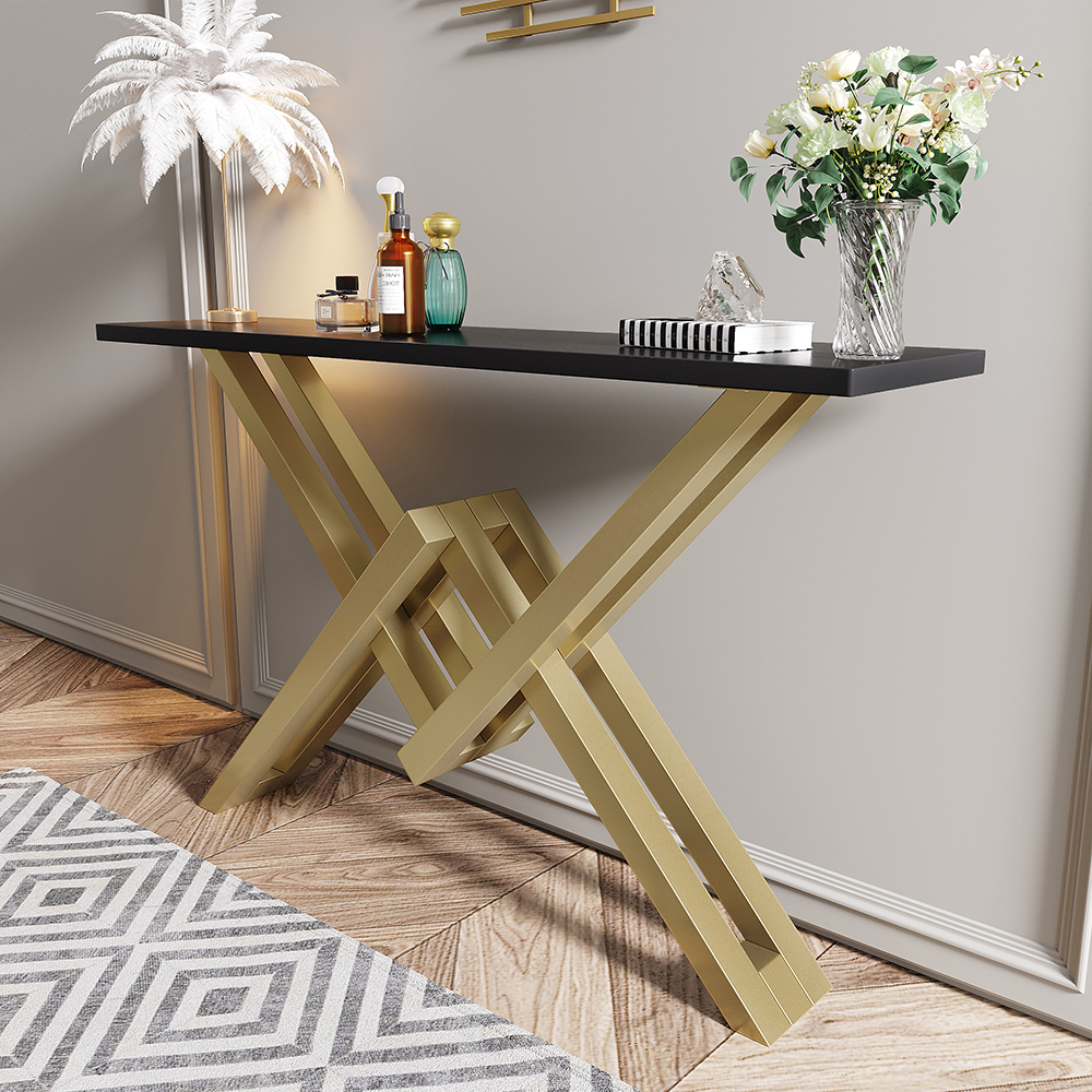 47.2" Black & Gold Narrow Sofa Console Table Entryway Table with Trestle Metal Base