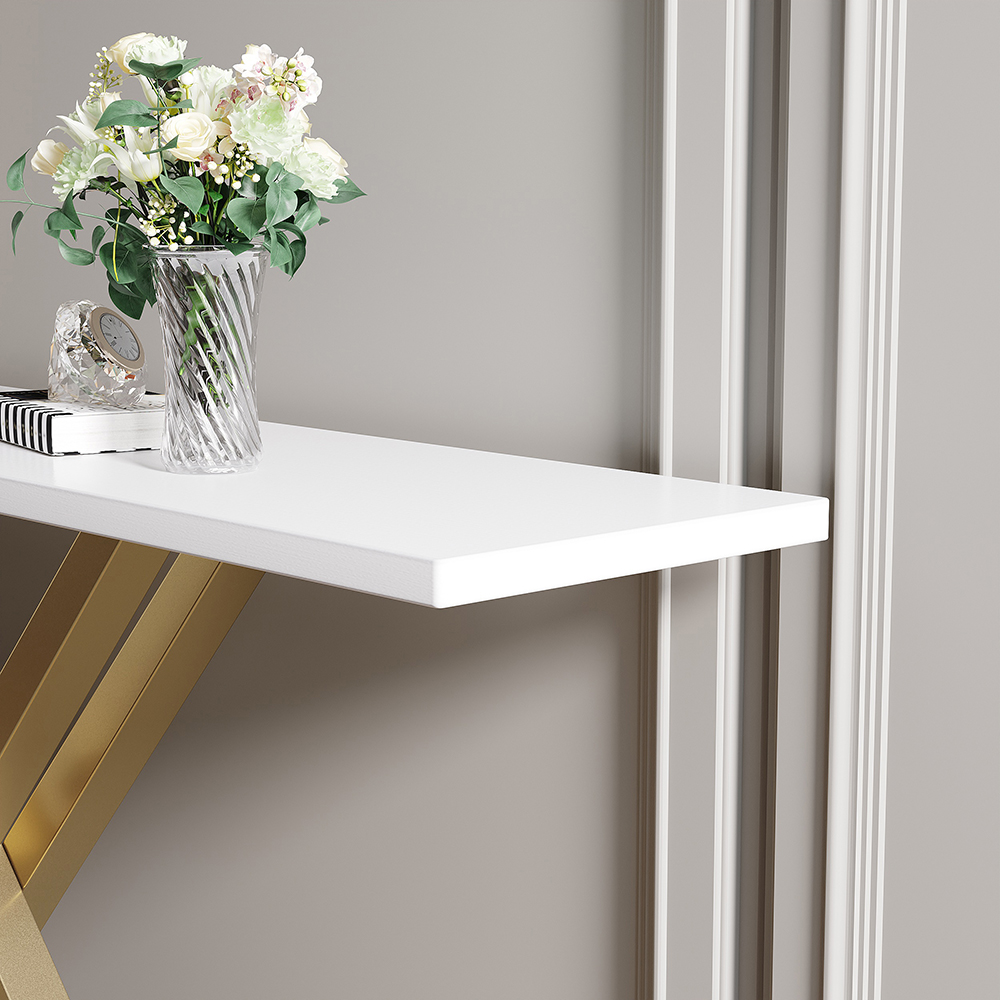 Mesa consola estrecha blanca y dorada de 1500 mm para entrada, con base en X de metal
