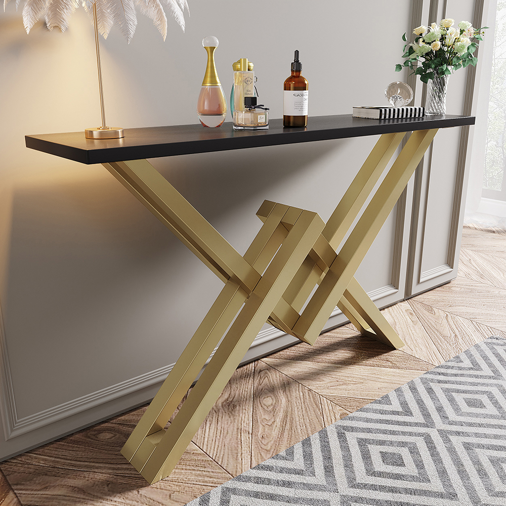 47.2" Black & Gold Narrow Sofa Console Table Entryway Table with Trestle Metal Base