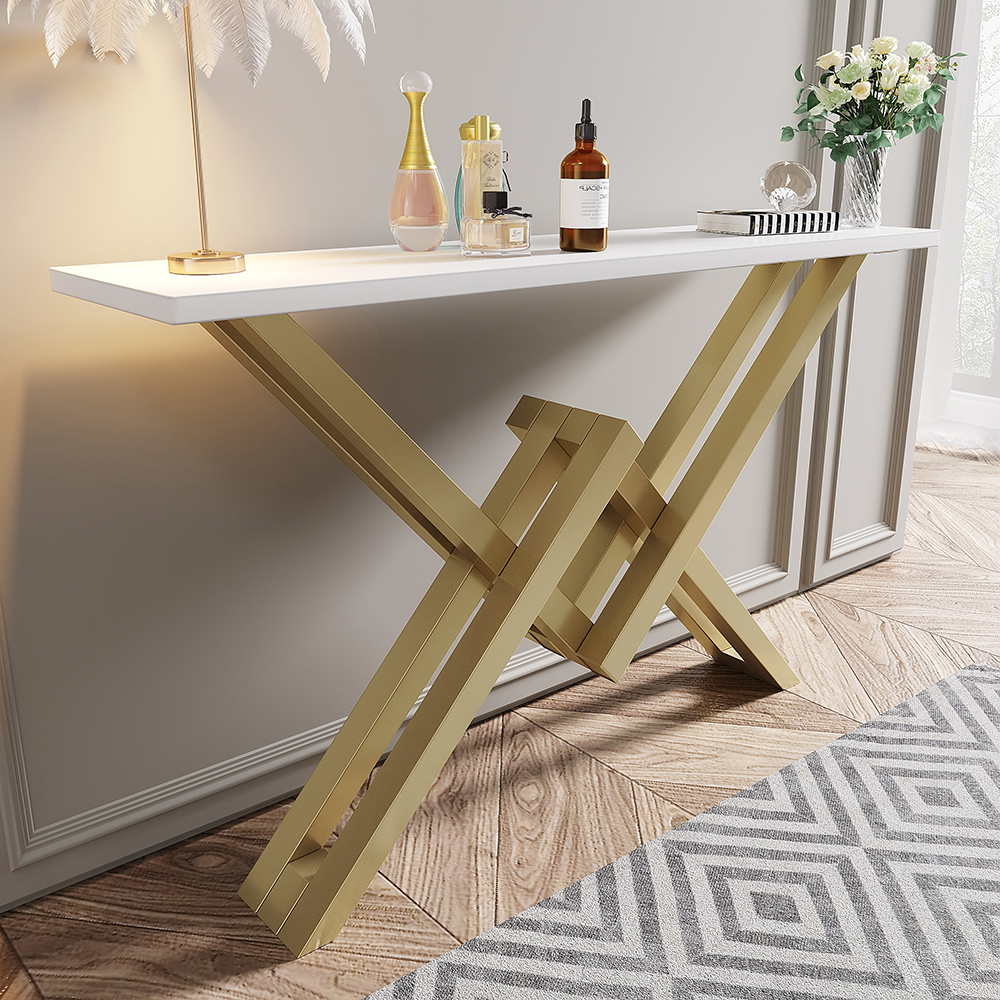 47.2" Narrow Rectangle White Console Table with Wooden Top and Gold Metal Base