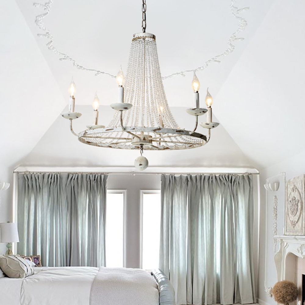 Crylite French Country Candle-Shaped 6-Light Crystal Bead Strands Metal Wheel Chandelier