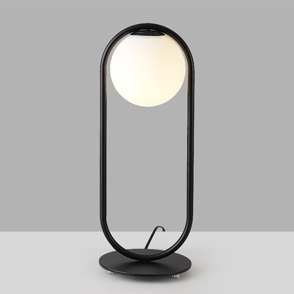 Black Metal White Glass Globe Table Lamp LED for Bedroom