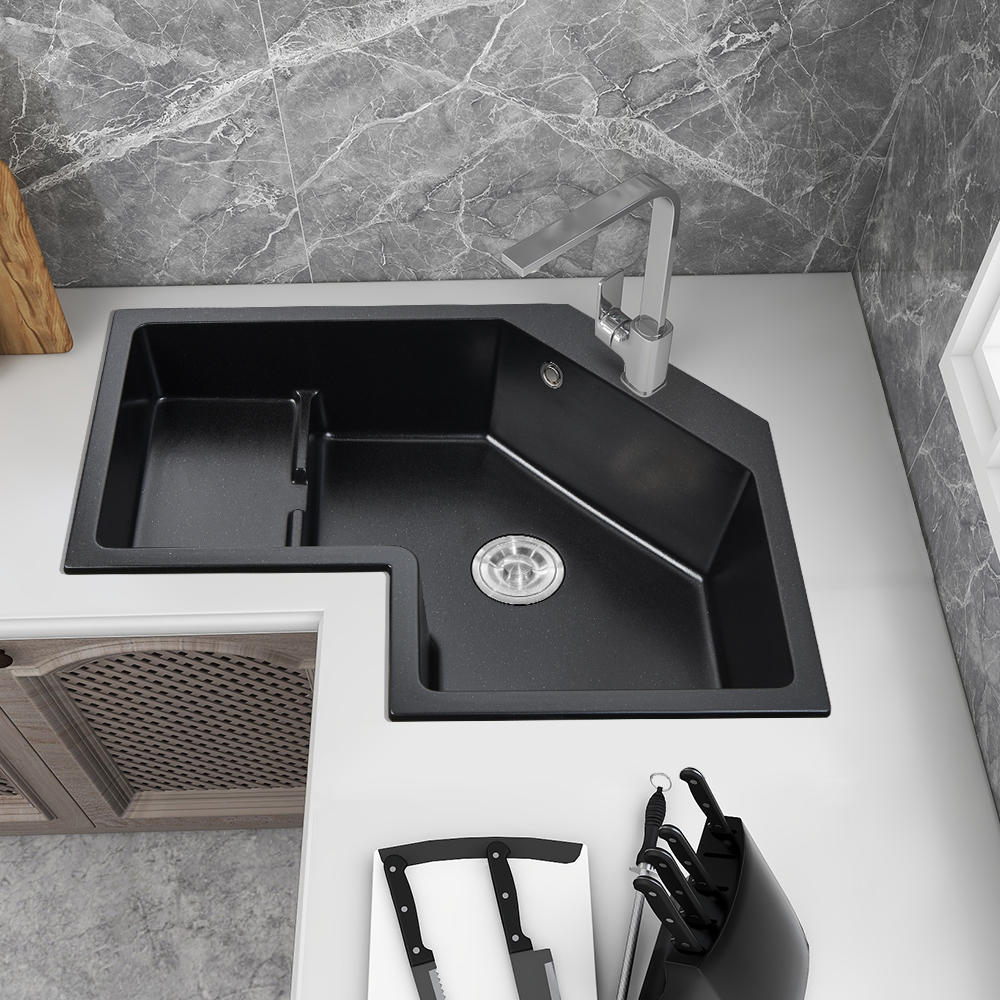 32" Modern Black Drop In Corner Kitchen Sink Single Bowl Quartz Irregular Left Sink