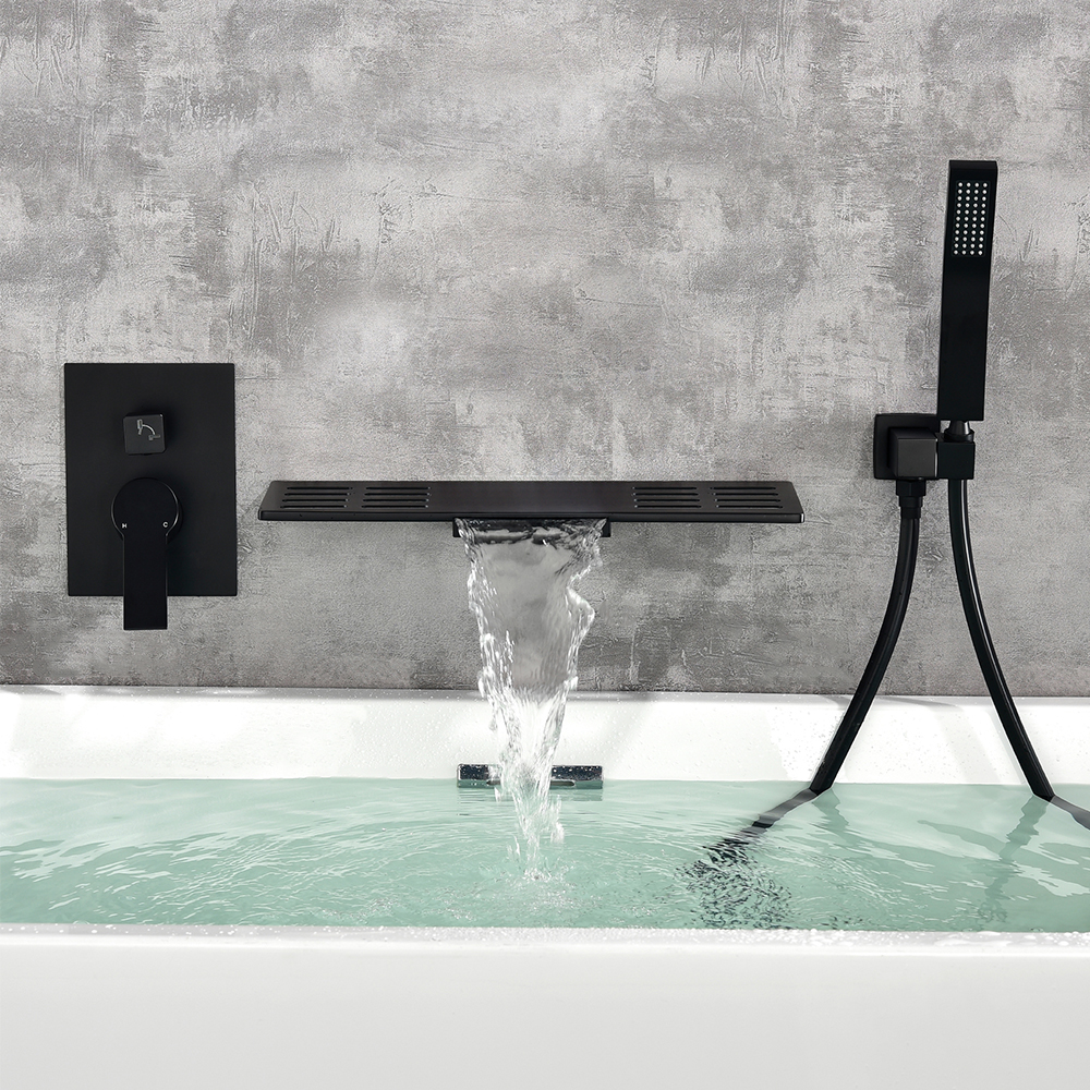 Modern Waterfall Wall Mounted Single Handle Bathtub Faucet With Handshower in Black