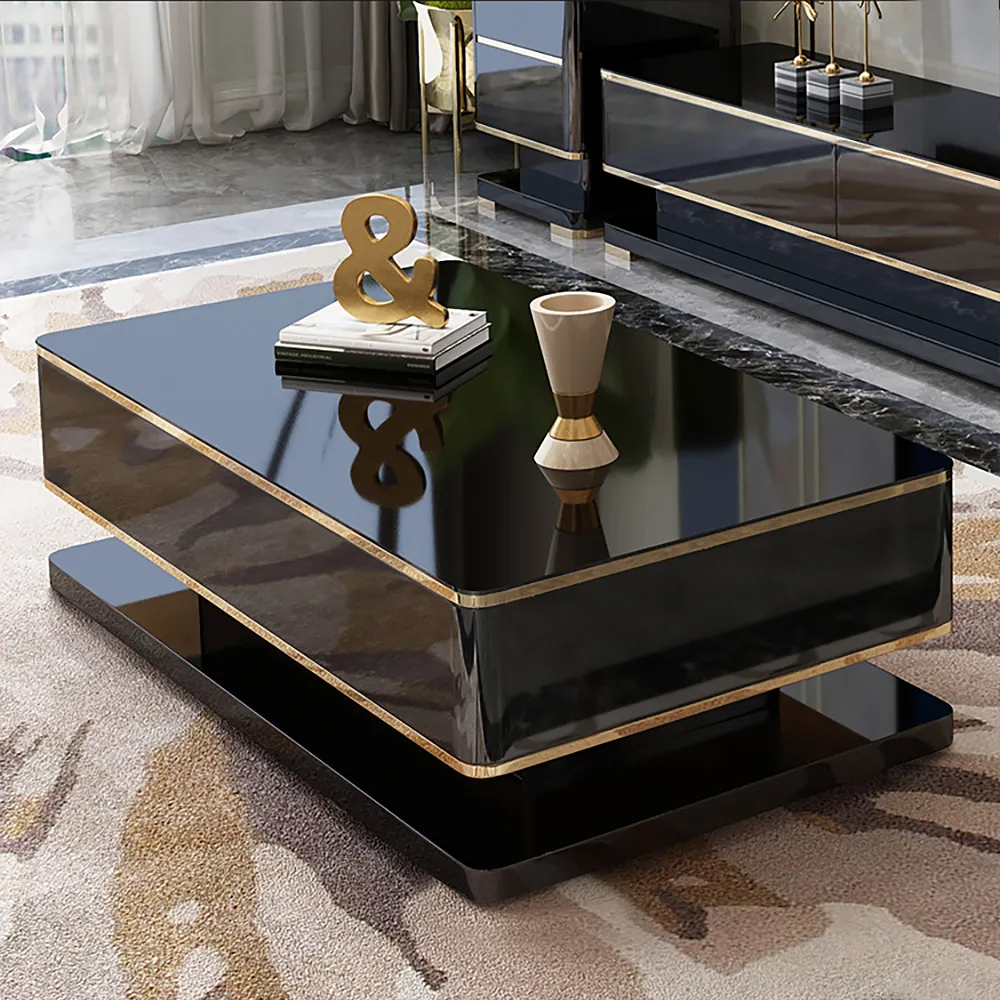 Gapn Mesa de centro rectangular negra de 1300 mm de cristal templado con 4 cajones