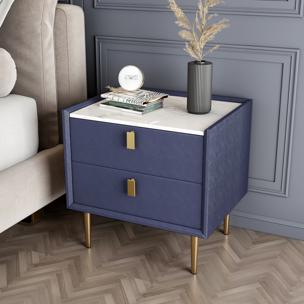 Modern Blue Nightstand 2 Drawers Pu Leather Nightstand With Gold Metal Legs in US