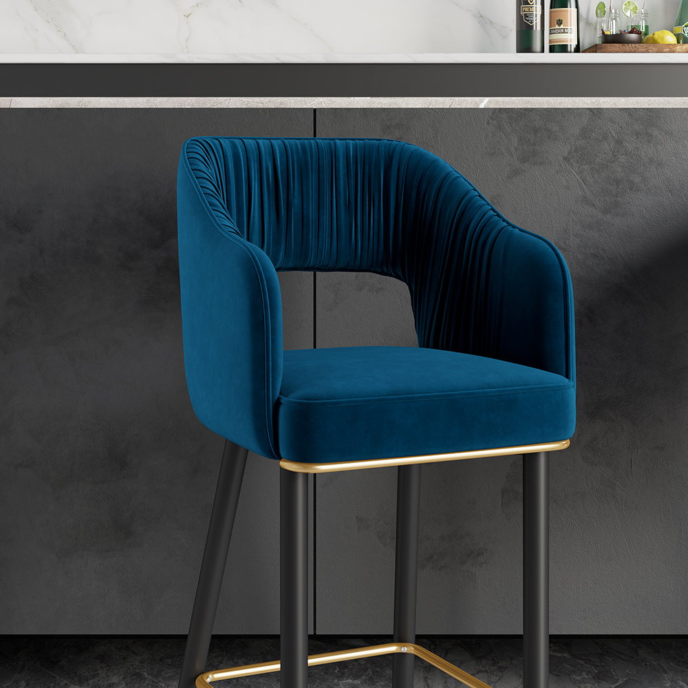 Modern Blue Velvet Counter Height Bar Stool with Back & Metal Footrest 8-Pieces