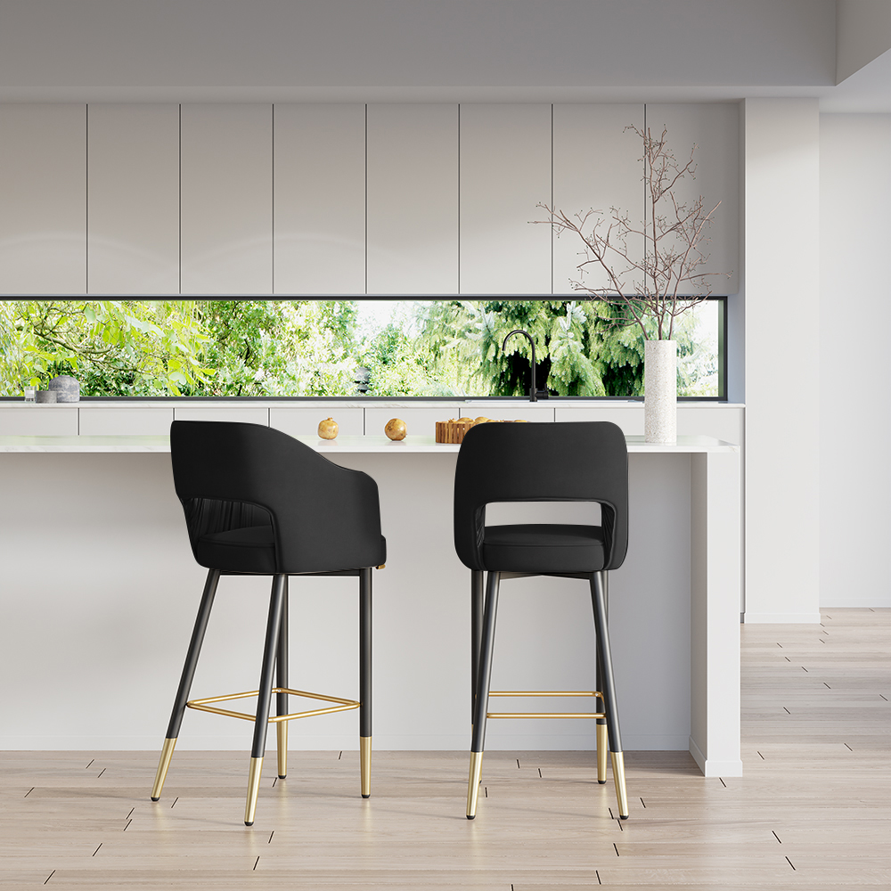 Modern Black Velvet Upholstered Bar Stool with Low Back & Footrest
