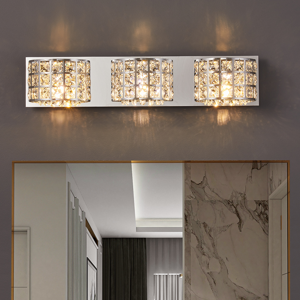 Modern Clear Crystals 3-Light Bath Vanity Wall Light in Chrome