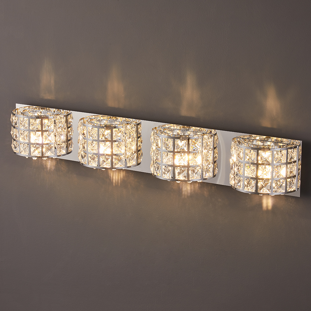 Modern Clear Crystals 4-Light Bath Vanity Wall Light in Polished Chrome