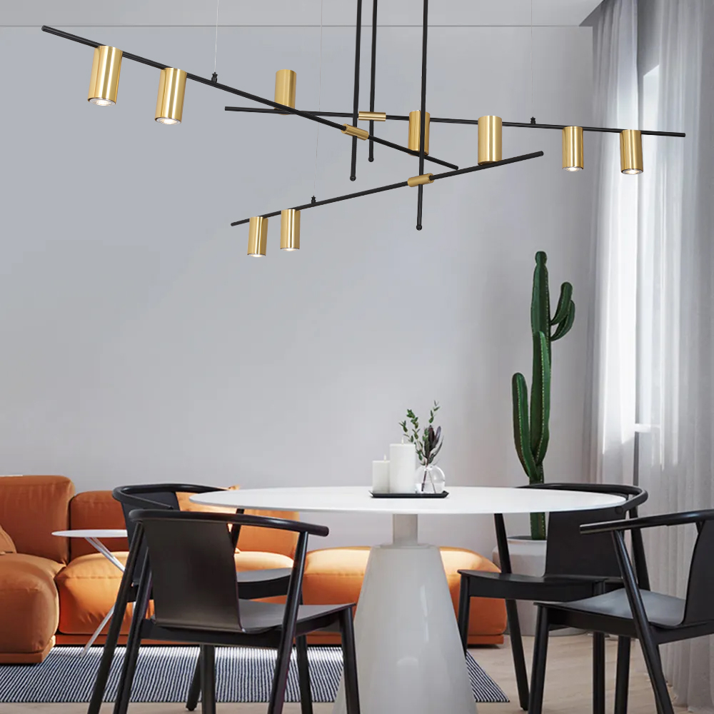Colgante moderno de rama cilíndrica dorado de 9 luces en metal negro