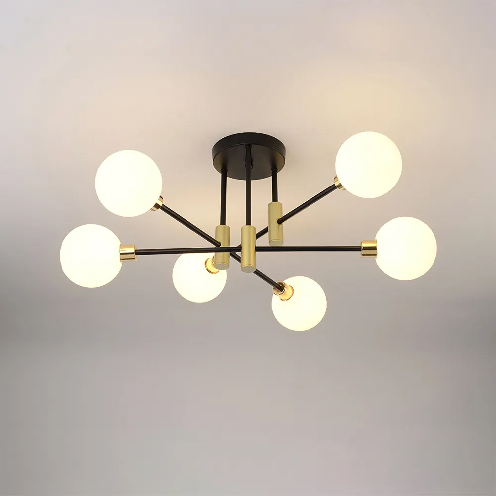 Candelabro moderno de 6 luces, semicuadrado, con vidrio blanco