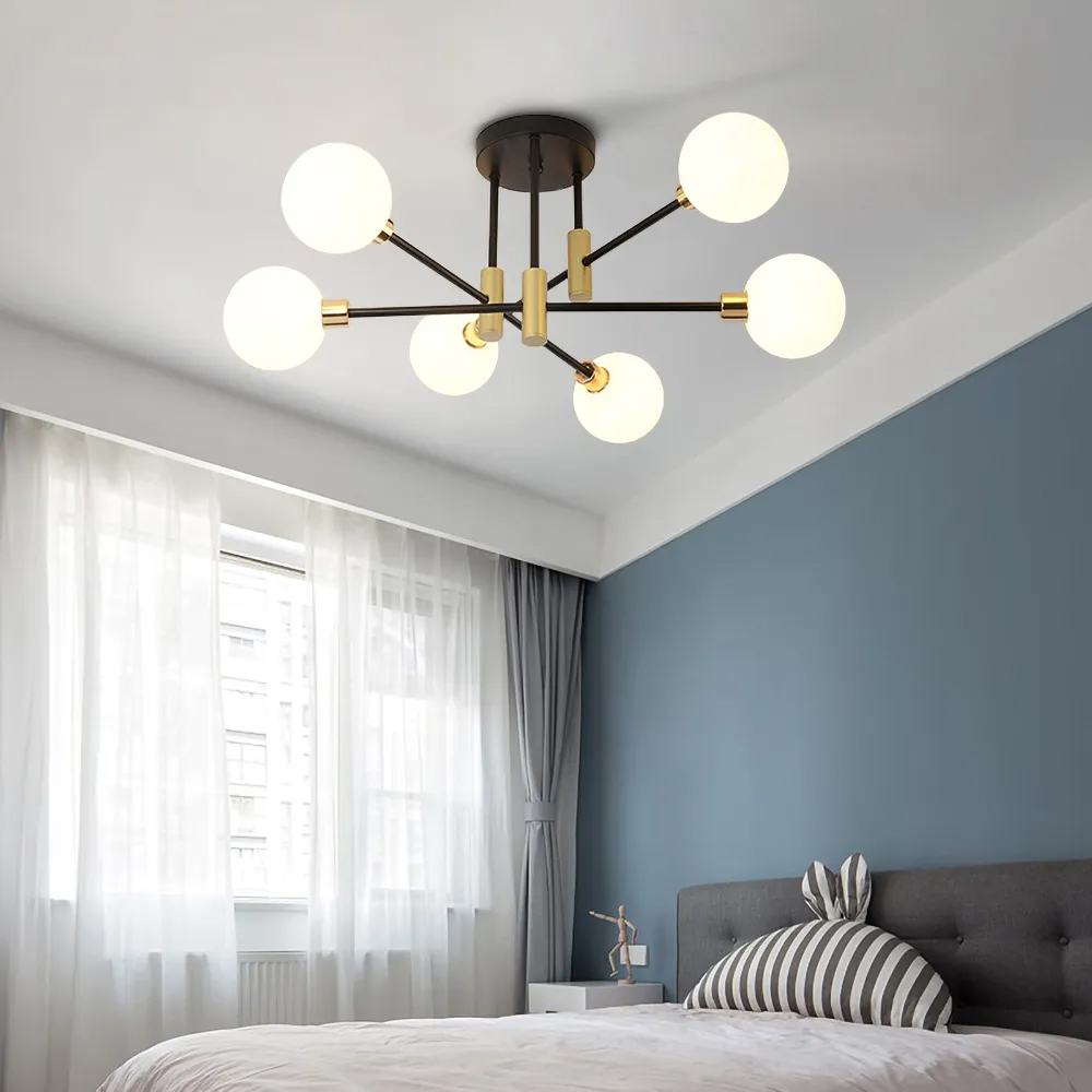 Candelabro moderno de 6 luces, semicuadrado, con vidrio blanco