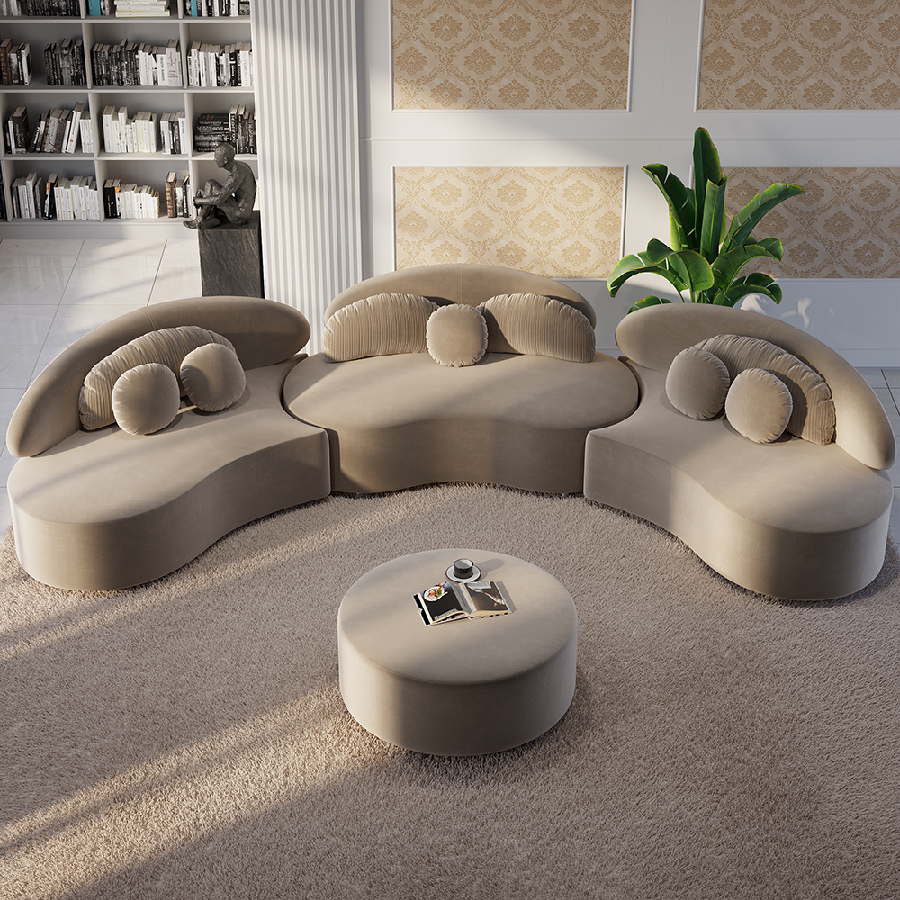 Modern Khaki 4 Pieces Curved Sectional Modular Sofa Velvet Upholstered with Ottoman