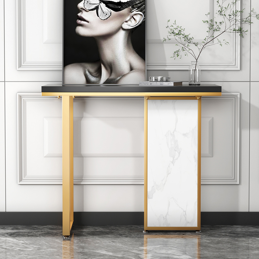 39" Modern Rectangular Black & White Console Table with Wooden Top Entryway Table