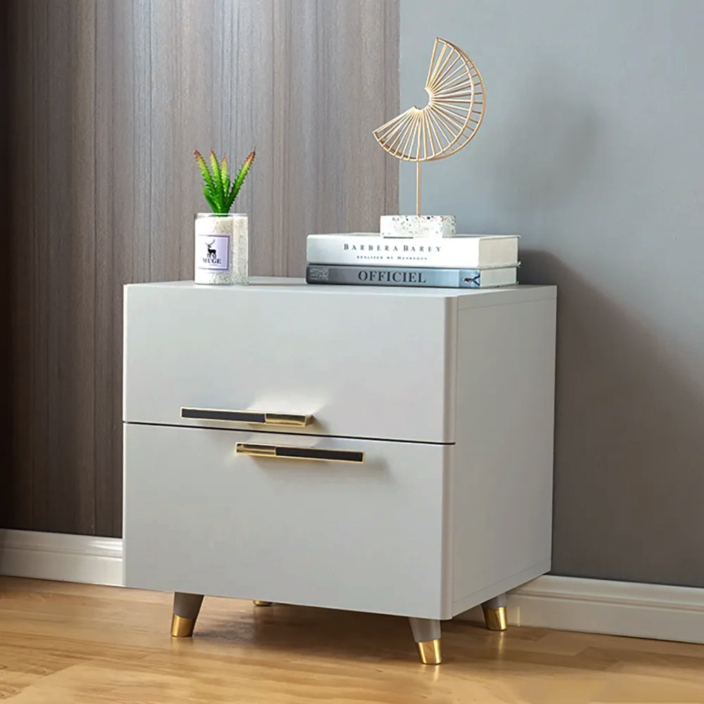 Grayish White Nightstand Modern 2-drawer Bedside Table Gold Pulls in US