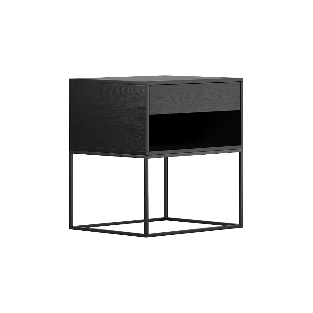 Black Modern Nightstand with Drawer and Black Metal Base Set of 2