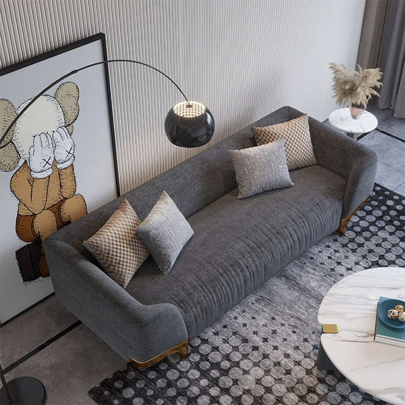 87" Gray 3-seat Cotton Linen Upholstered Sofa With Pillows Gold Legs in US