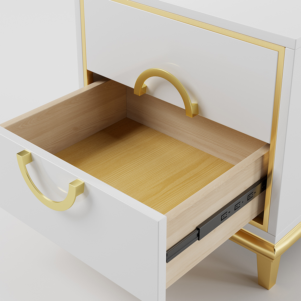 White Modern Bedroom Nightstand with 2 Drawers in Gold Legs Set of 2