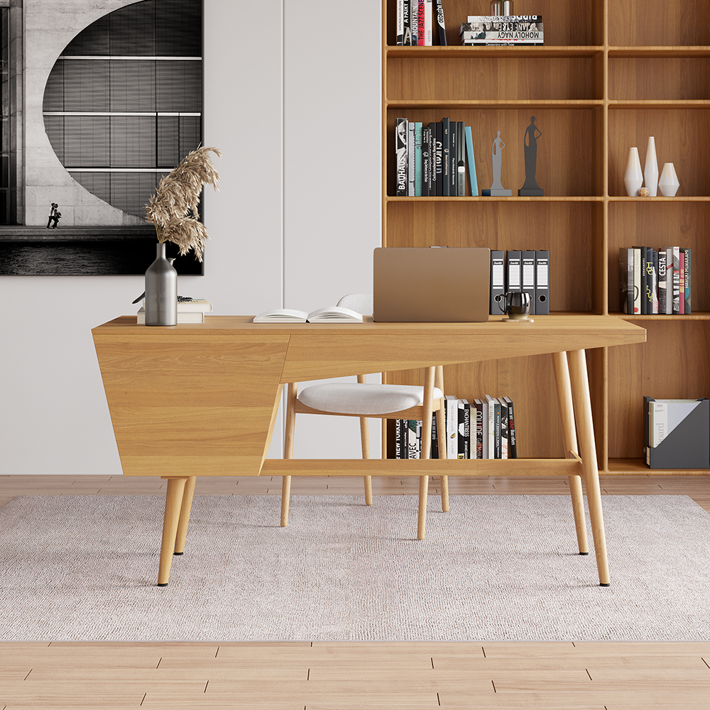 59.1" Mid Century Modern Natural Writing Desk Wooden Computer Desk with 2 Drawers 4 Legs