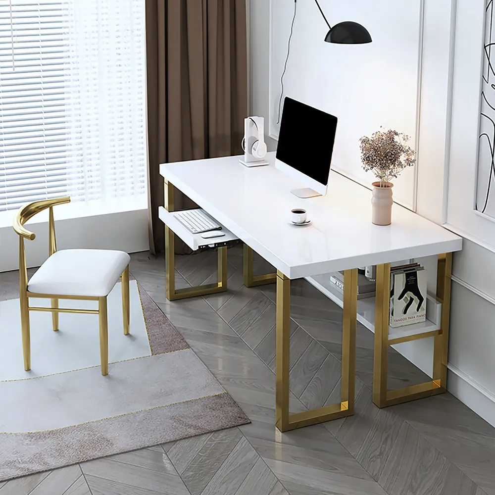 47" Modern White Gold Rectangular Computer Desk With Keyboard Tray Storage Shelf in US