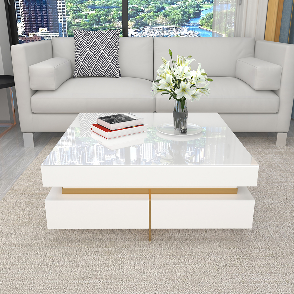 White Modern Square Coffee Table with Drawers Tempered Glass Top & Metal Legs