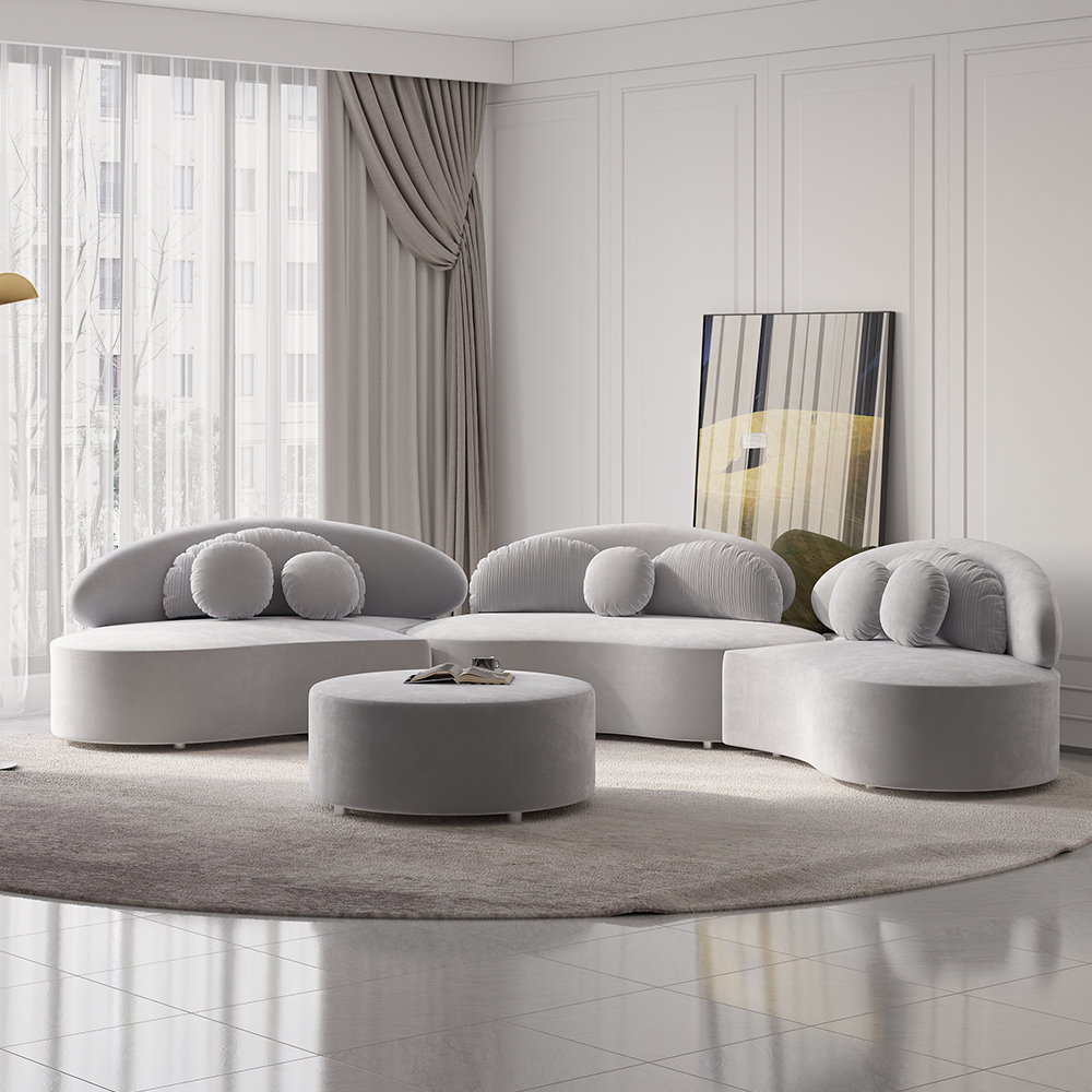 145.7" Velvet Curved Modular Sectional Sofa with Ottoman Light Gray Upholstered 7-Seater Sofa