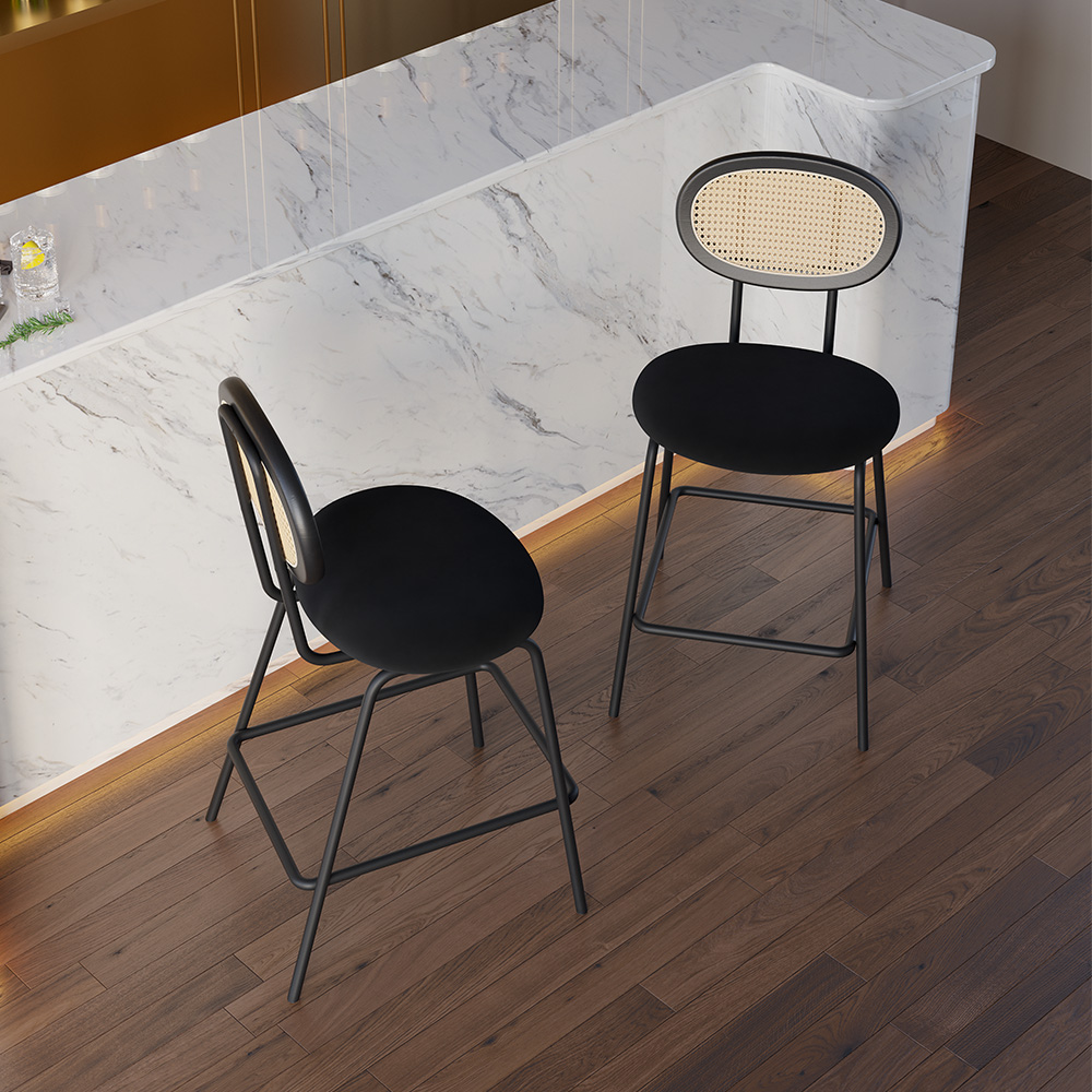 Black Velvet Counter Stools Bar Stools (Set of 2) with Rattan Back for Kitchen Island