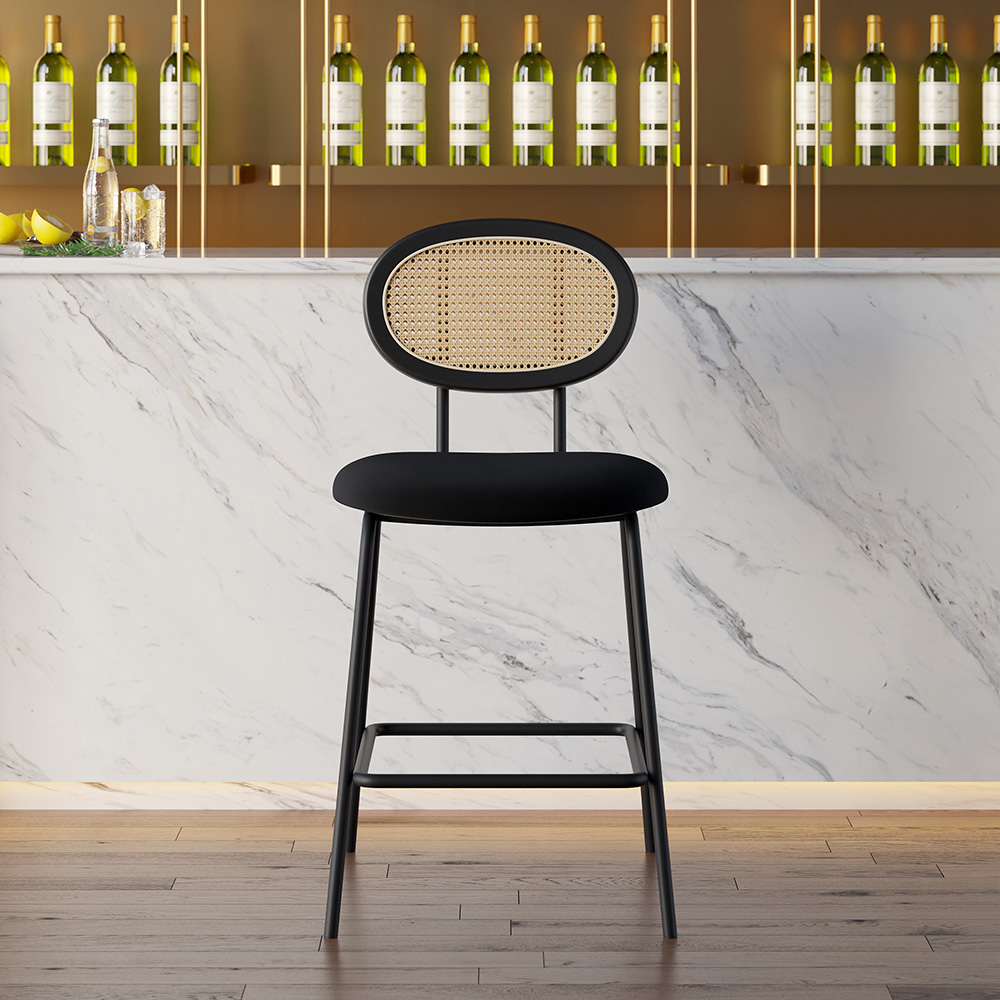 Black Velvet Counter Stools Bar Stools (Set of 2) with Rattan Back for Kitchen Island